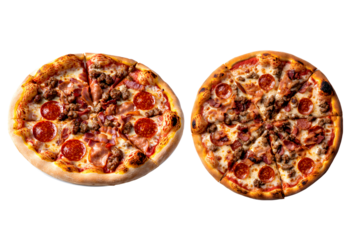 Delicious meat lover's pizza and pepperoni pizza restaurant kitchen food photography warm setting top view culinary delight