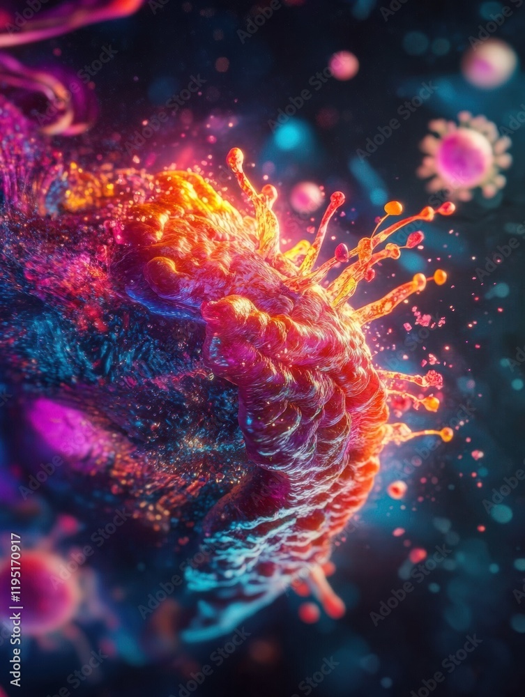 Poster magnified human cell under viral attack showcasing details of cellular structure and viral interacti