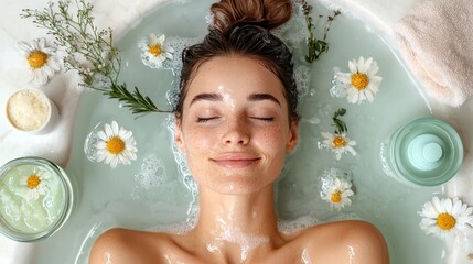 Relaxing woman in bath surrounded by flowers and skincare products, enjoying serene moment of self care and tranquility. soothing atmosphere enhances her peaceful expression