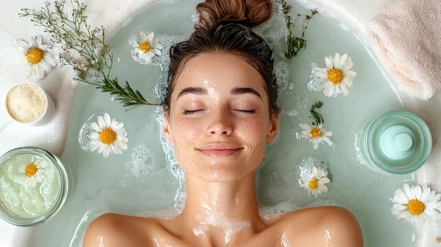 Relaxing woman in bath surrounded by flowers and skincare products, enjoying serene moment of self care and tranquility. soothing atmosphere enhances her peaceful expression - Powered by Adobe