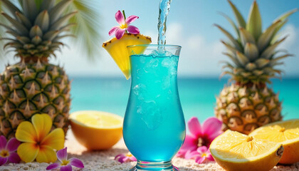 Blue cocktail with tropical fruits on beach background, Pouring drinks, International Bartender Day, Pouring drinks, International Bartender Day