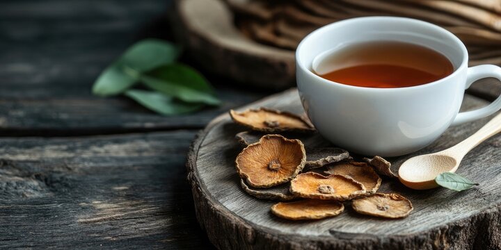 Dried Bael fruit slices with a white cup of herbal tea on rustic wood, featuring earthy tones and selective focus for a cozy tea setting.