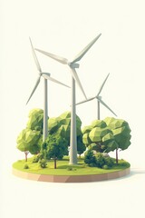 An isometric view of a wind turbine in a vegetated area, illustrating renewable energy and the integration of technology within a natural environment.