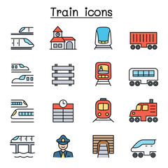 Train icons set in thin line style