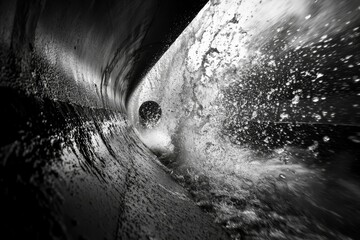 Fototapeta premium Black and white photo; water tunnel; intense spray.
