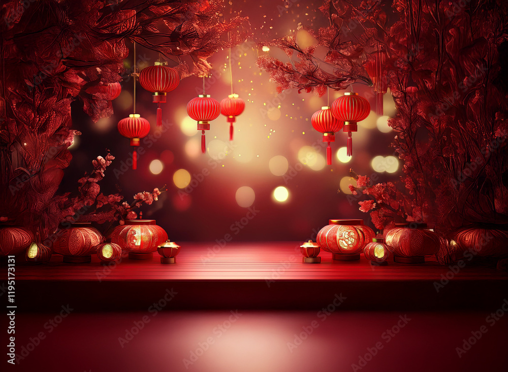 Aufkleber red lanterns illuminate a festive scene. branches laden with blossoms frame a dimly lit platform, cr