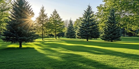 Fototapeta premium Sunlight filters through evergreen spruce trees casting long shadows over vibrant green grass creating a serene park atmosphere ideal for relaxation
