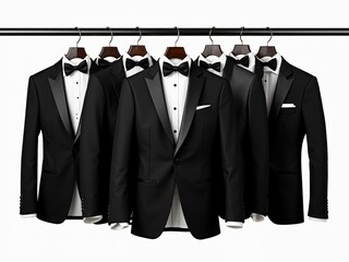 Elegant tuxedos hanging on display in a stylish fashion boutique showcasing timeless formalwear for special occasions