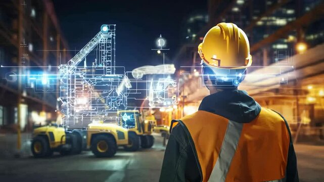 Engineer wearing safety gear observing digital holographic blueprints projections in construction site
