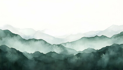 Abstract minimalist landscape painting with green watercolor mountains fading into a white background. Soothing and calming image, perfect for wall art or as a background for your designs