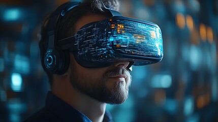 Man using VR headset, experiencing immersive digital world.