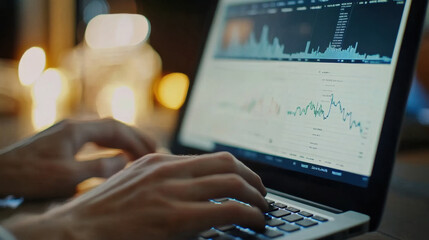 Close up of hands typing on laptop with financial data displayed