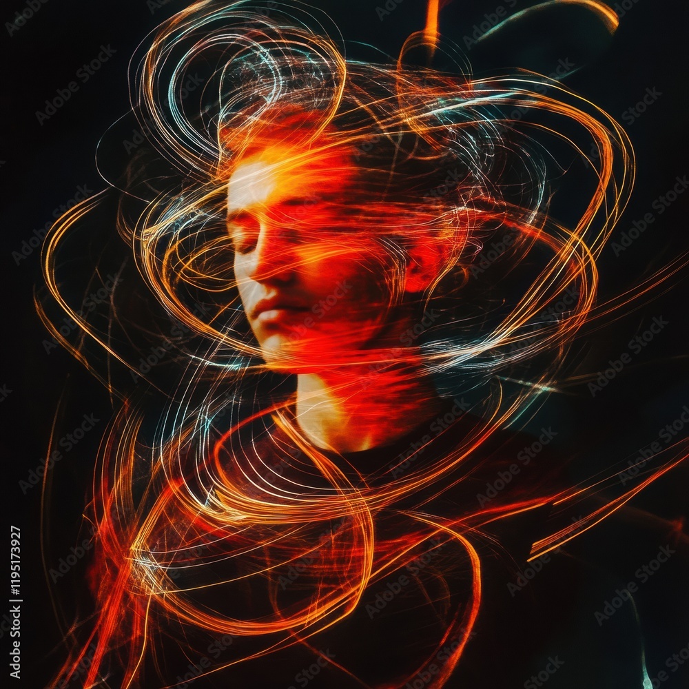 Poster Person surrounded by colorful swirling lines and abstract shapes conveying emotion and movement in a creative expression. Generative AI