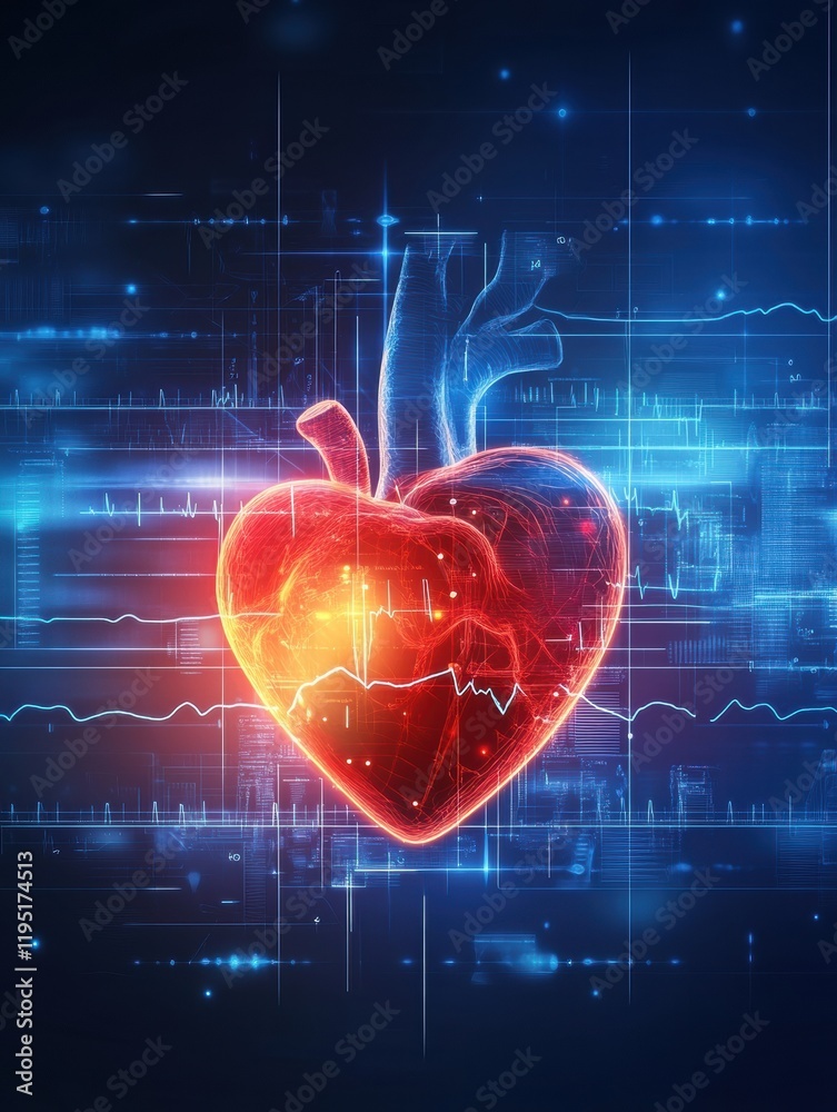 Aufkleber Glowing red heart with dynamic cardiogram representing health and vitality in a digital landscape. Generative AI