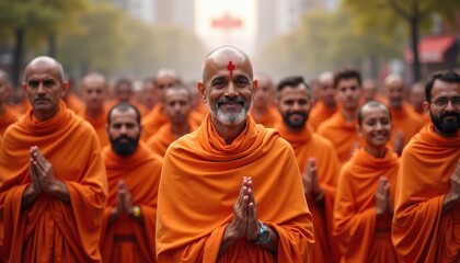 Obraz premium Group of Men in Orange Robes Celebrate Swami Vivekananda's Passing: Foreground Focus with Blurred Background