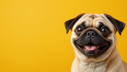 Cute Pug Dog Smiling Against a Yellow Background