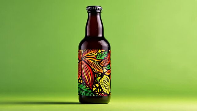 Vibrant floral design on a beer bottle against a green background.
