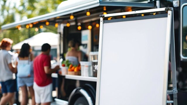 Busy food truck scene with customers enjoying refreshments in a lively outdoor setting