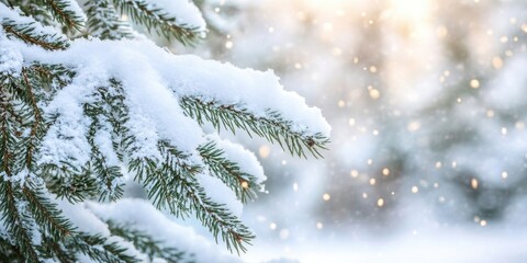 Snow-covered evergreen fir branches on the left, gently falling snowflakes against a blurred winter park backdrop with soft golden light.