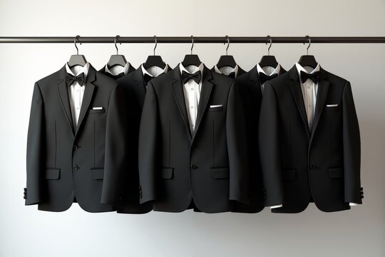 Stylish black tuxedos displayed neatly on hangers in a modern boutique for formal occasions, highlighting timeless elegance and sophistication
