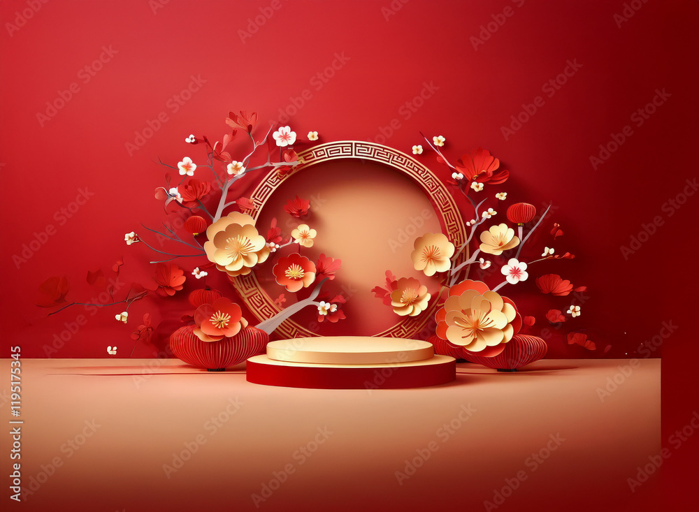 Poster elegant red and gold circular podium adorned with paper flowers and branches, against a rich red bac