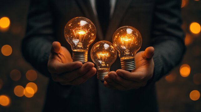 Office executive holds light bulbs, sparking innovation 