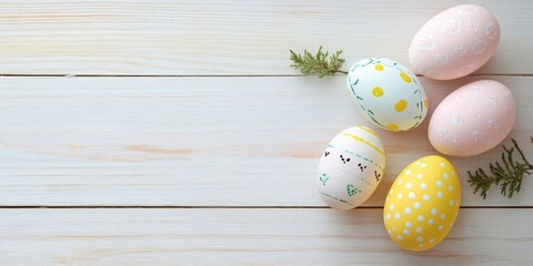 Easter themed decorative eggs in pastel colors on light wood background with ample copy space arranged to the top right and bottom left