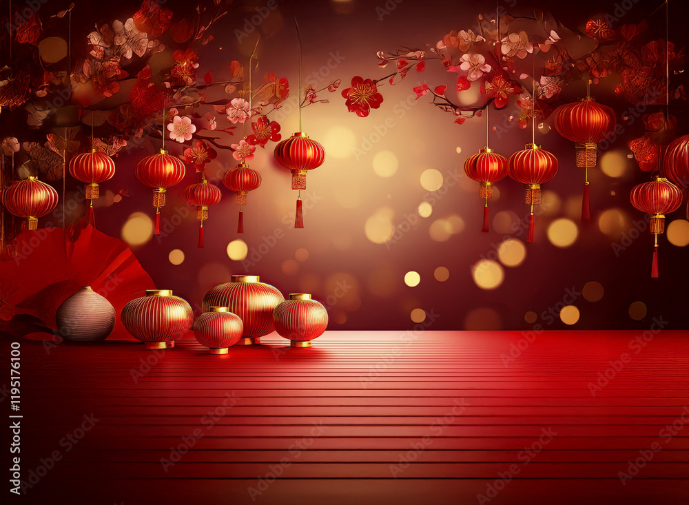 Poster Red lanterns and blossom branches adorn a festive scene.  Golden bokeh lights add to the celebratory mood.  Red and gold decorative objects rest on a polished red surface.