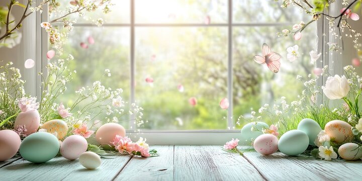 Fototapeta Easter table backdrop showcasing soft pastel eggs in the foreground with a blurred window view and floral decor in bright green tones.