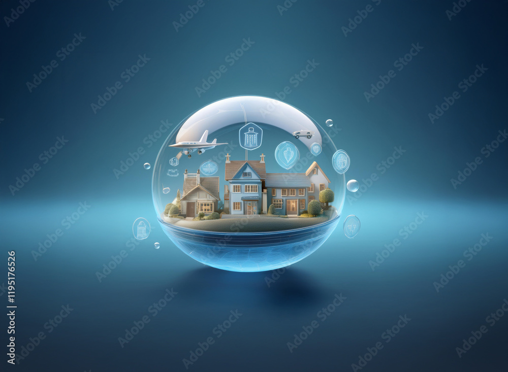 Poster a digital rendering shows a miniature village secured within a transparent sphere, symbolizing safet