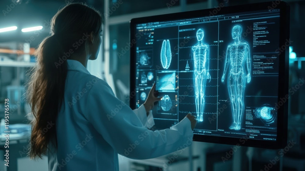 Poster medical diagnostic data displayed on a futuristic touchscreen in a clinical research facility. gener