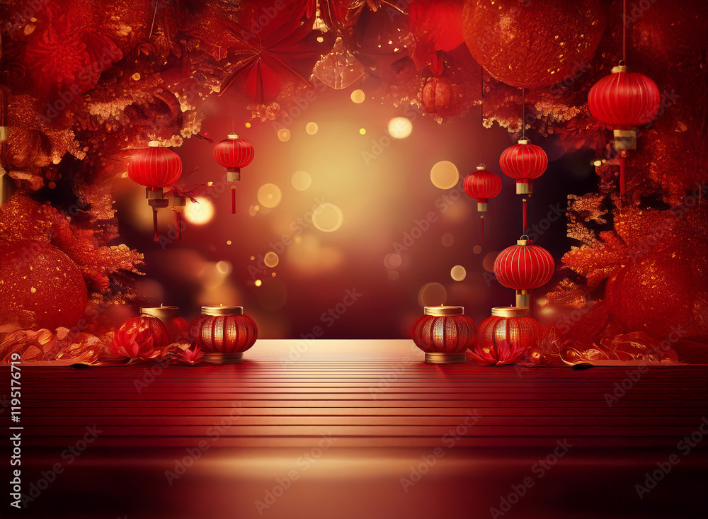 Poster a festive scene with red lanterns, sparkling ornaments, and a dark red wooden table creates a warm a