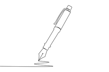 Pen continuous one line drawing and ball pen icon isolated outline flat vector illustration