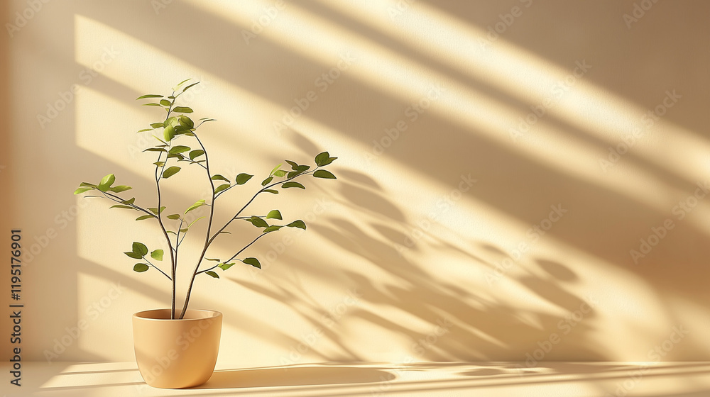 Poster minimalistic concept of a green plant in front of a beige wall with sunlight streaming through a win