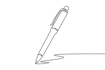 Obraz premium Pen continuous one line drawing and ball pen icon isolated outline flat vector illustration