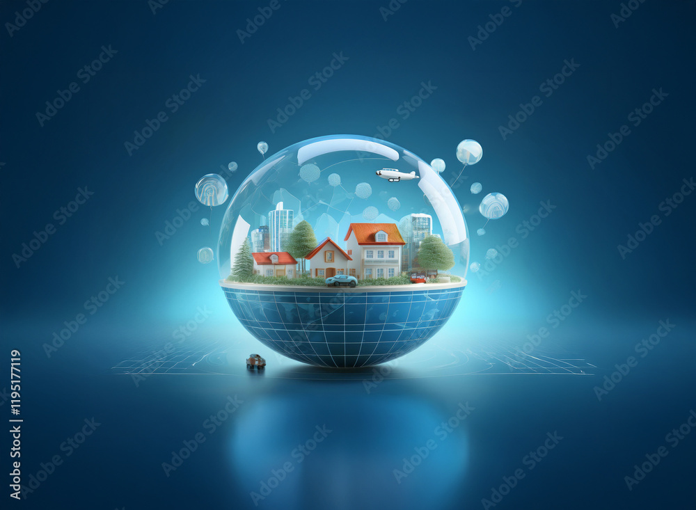 Poster a miniature city encased within a transparent sphere rests on a grid, symbolizing a protected, susta