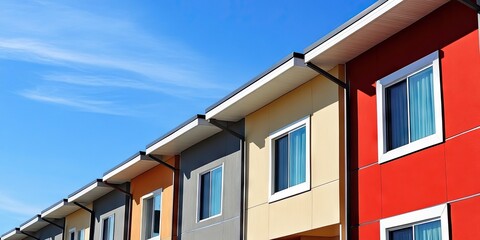 Modern townhome exterior with cream, red, gray, and orange walls under a bright blue sky featuring sloped roofs and large windows.