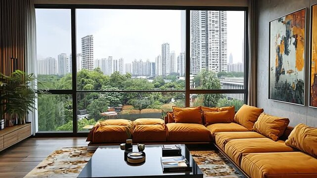 Urban Oasis Living Room: A modern living room boasts a comfortable mustard-yellow sectional sofa, complemented by a stylish coffee table and large windows offering a stunning panoramic cityscape view.