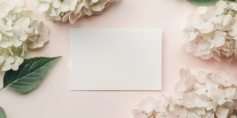 Elegant wedding invitation card mockup with white hydrangea flowers arranged on soft pink background with green leaves framing the design.