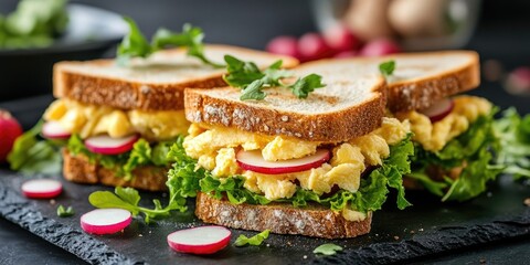 Fresh egg sandwiches layered with scrambled eggs, sliced radish, and crisp green lettuce on toasted brown bread, arranged on a dark slate background.