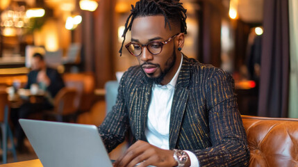 tech savvy entrepreneur working on laptop in modern cafe