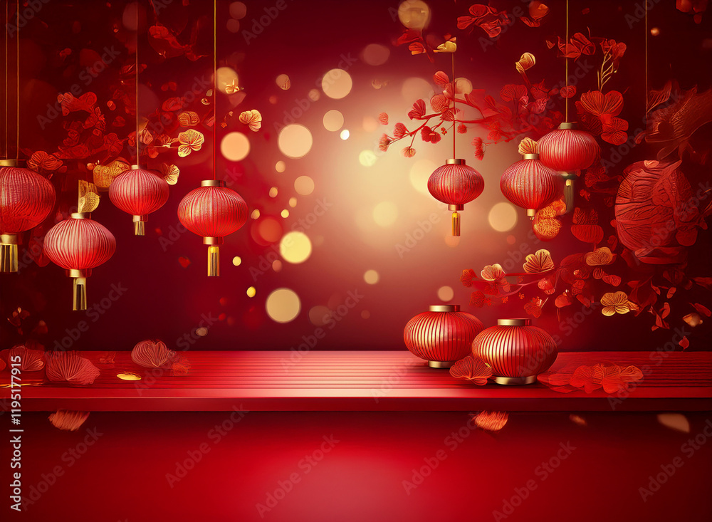 Poster red lanterns and blossoms adorn a festive scene, perfect for celebrating the new year. a red shelf p