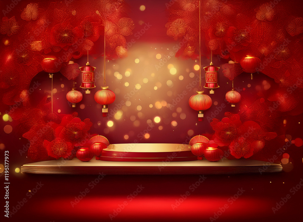 Poster a luxurious red and gold display with a circular platform, adorned with chinese lanterns, pomegranat