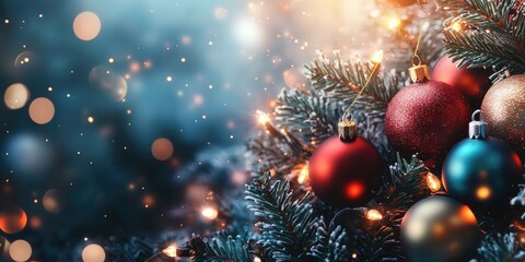 Colorful Christmas ornaments in red gold and teal with twinkling lights and a frosty pine background featuring soft bokeh effects in the distance.