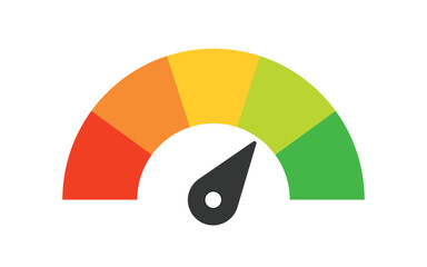 Speedometer, gauge meter icon. Scale, level of performance. Speed dial indicator . Green and red, low and high barometers, dashboard with arrows. Vector illustration.