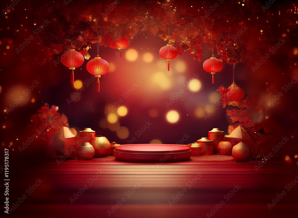 Poster a festive red and gold scene with hanging lanterns, bokeh lights, and a circular display platform. p