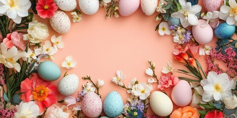 Obraz premium Easter card mockup with pastel Easter eggs and vibrant spring flowers arranged in a circular frame on a peach background with space for text