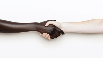 Two diverse hands shaking against a white background.