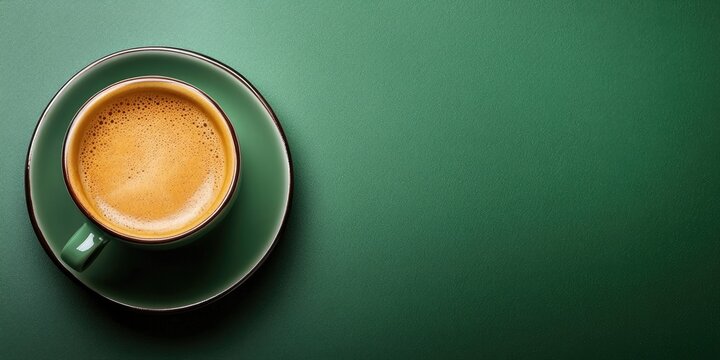 Espresso coffee in a green cup on a vibrant green background flat lay style with ample negative space on the right side for text or graphics