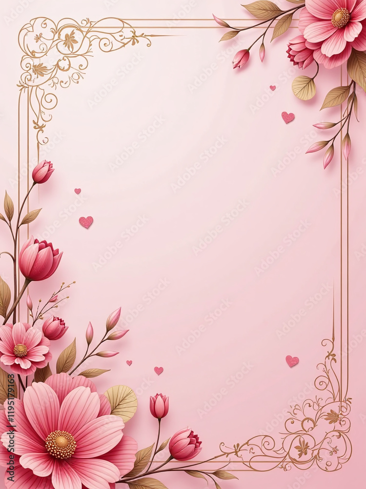 Poster A Heartwarming Design For A Romantic Valentines Card Features A Soft Pink Background With Intricate Floral Patterns And Delicate Golden Accents. 00003